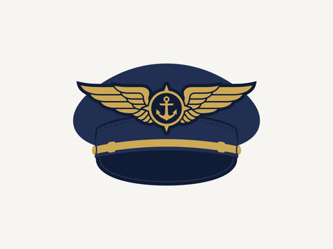 Navy blue captain hat with gold wings and anchor emblem illustration.