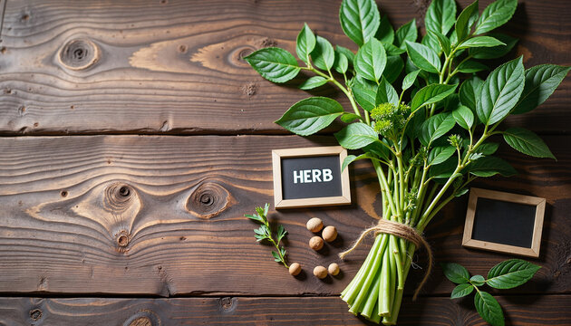 fresh green herbs with chalkboard labels and nuts arranged on wooden table, concept culinary uses and healthy cooking