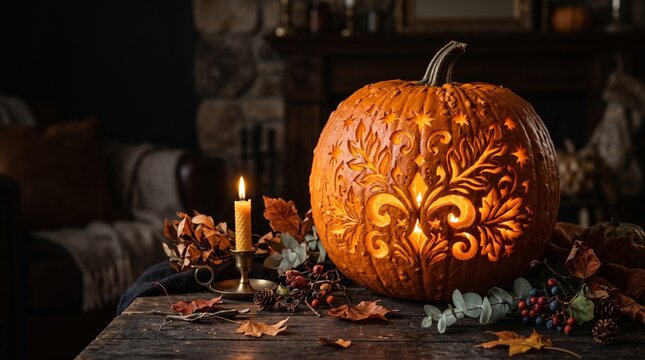 Intricately Carved Decorative Pumpkin with Glowing Fleur-de-lis Pattern