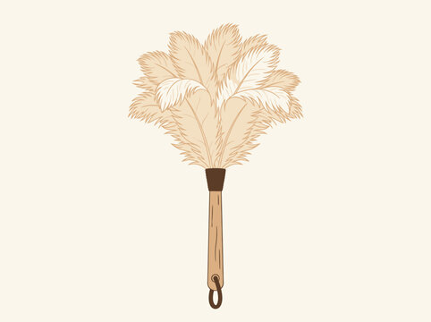 Ostrich feather duster tool with wooden handle and leather strap illustration.