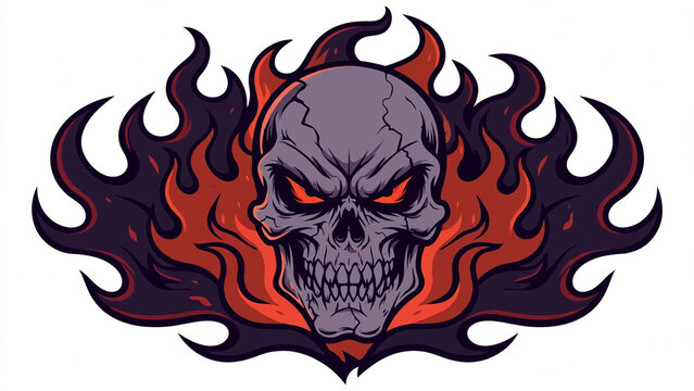 Menacing dark warrior skull with glowing red eyes and intense stylized orange flames mascot illustration for gaming or sports branding