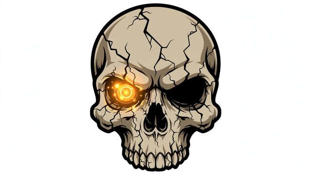 Scary cracked human skull illustration featuring one glowing orange eye and a dark empty socket for horror and gaming design