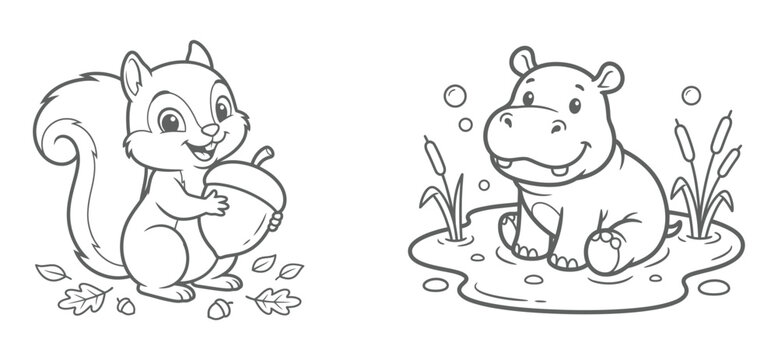 Cute cartoon squirrel holding an acorn and a happy little hippopotamus sitting in a small pond coloring page