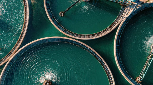 Aerial view of industrial water treatment sedimentation tanks for wastewater purification.