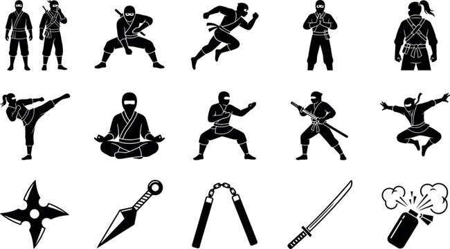 Ninjas Set with Various Poses, Weapons, and Symbols. Martial Arts Illustration, Action Concept, Ninja Design