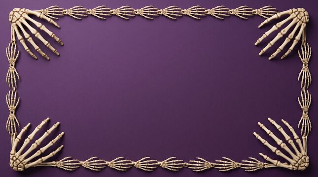 Skeleton hands framing purple background