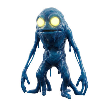 Creepy Blue Slime Monster Character With Glowing Yellow Eyes And Dripping Goo