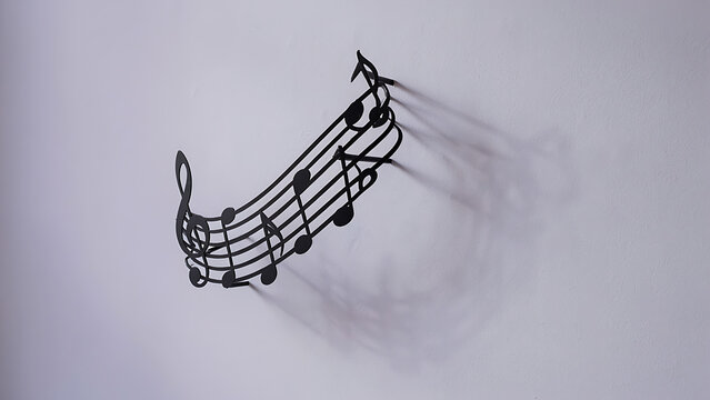 Black metal treble clef and musical staff mounted on interior wall