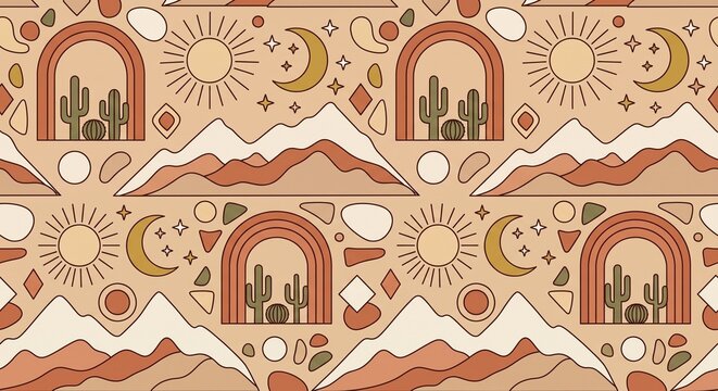 Seamless boho desert pattern with minimalist cactus, mountains, sun, moon, and earthy arches