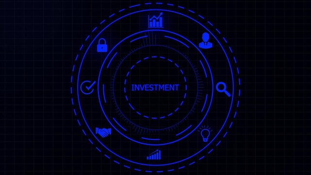 Futuristic digital interface displaying investment with for security lock chart handshake checkmark lightbulb and user on dark grid background