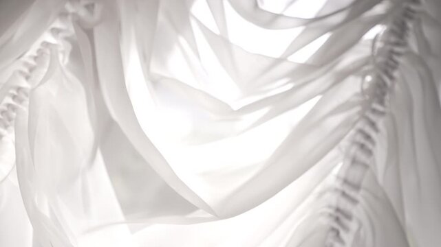 Layered sheer white fabric draping and gathered ruffle backlit by strong diffuse light,with fabric, sheer, translucent, white detail, showing chiffon, texture, fold, drape context