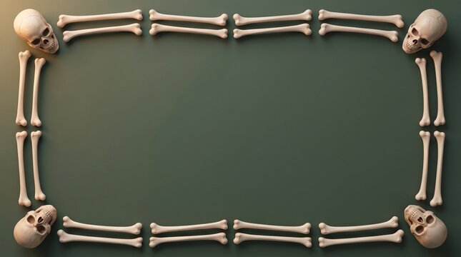 A rectangular frame made of human bones and skulls on a dark green background for halloween design