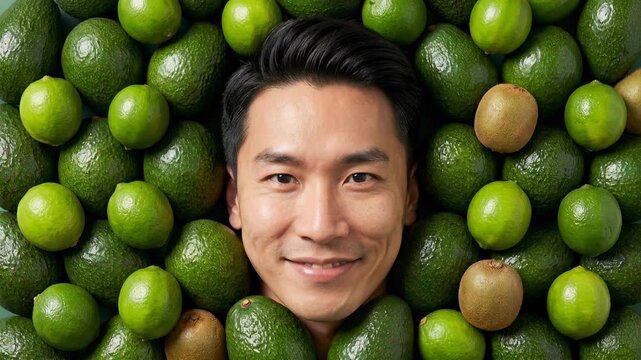 Man surrounded by fresh avocados, limes, and a kiwi fruit