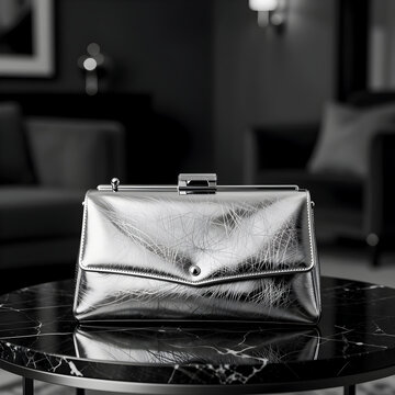 Still-life of a metallic silver clutch resting on a black marble table.