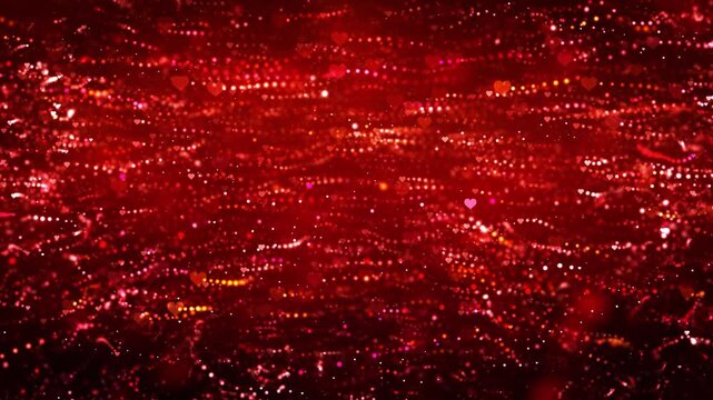 whirling glowing red and pink heart particles and glitter flowing, creating a festive romantic mood, vibrant abstract background animation for Valentine's day