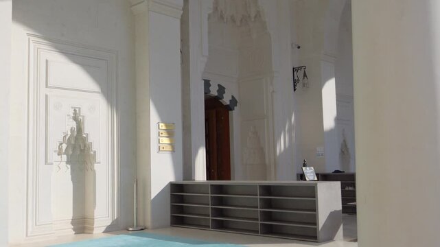 Namazgah Mosque Prayer Hall Interior In Tirana Albania With Mihrab Minbar And Marble Walls