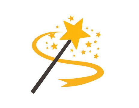Magic wand with gold star tip and swirling trail on white background