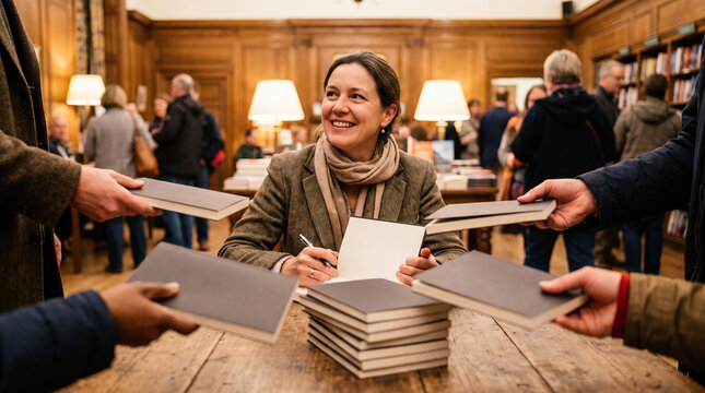 Author signing books at event with smiling readers in a cozy setting  