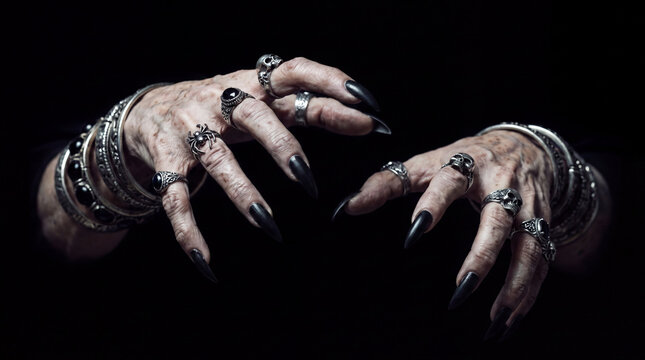 Creepy wrinkled hands of an old witch with long black nails and gothic rings abd bracelets reaching out from the darkness.