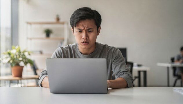 Frustrated Programmer: A young man stares intensely at his laptop screen, his brow furrowed in concentration and frustration, hinting at a challenging coding session or a difficult problem to solve.