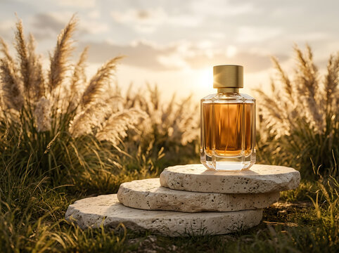 Luxury perfume bottle on stone pedestal in north america field with pampas grass sunset.
