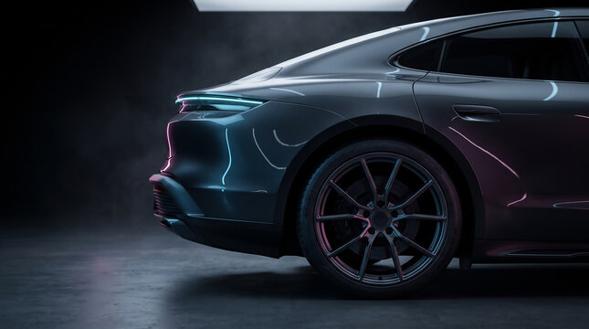 Close up of a sleek dark grey luxury sedan rear quarter panel and multi-spoke rim in a dark studio
