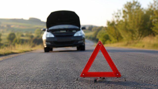 Red Warning Triangle Behind Broken Down Car on Country Road