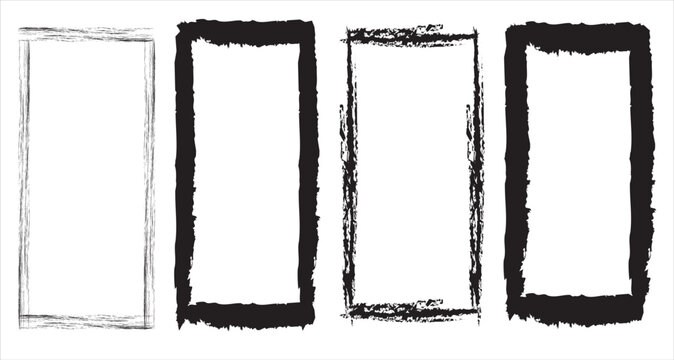 Rectangular frames featuring unique distressed grunge textures created as a digital vector illustration set with bold black ink brush strokes isolated on a clean white background