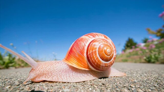 Close-up of a garden snail slowly crawling on a gravel path in sunlight