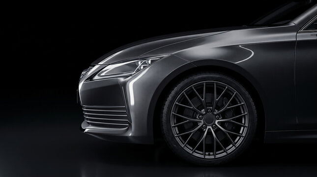 Close view of modern aggressive car styling with sharp LED headlights and front wheel against a dark background