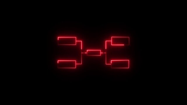 Red neon glowing tournament bracket diagram on a dark background an animated lighting up against a pitch black championship tree competition structure elimination chart matchup graphic playoff layout