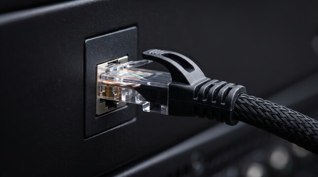 Ethernet cable plugged into a black network router port showing high speed internet connection for data transfer and communications