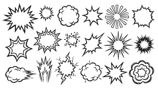 Comic star burst and flower shaped explosion outline set for cartoon design covering spiky, cloud and sunburst effect elements for editorial use