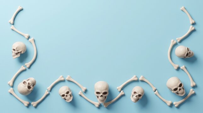 Halloween background with human skulls and bones arranged in a border on a light blue backdrop