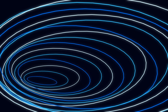 Abstract digital background, featuring glowing blue, and white neon, circular light trails, forming a deep, tunnel vortex on black