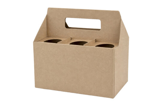 Empty brown cardboard six-pack carrier with a handle, designed for bottles or cans, isolated on a clean white background
