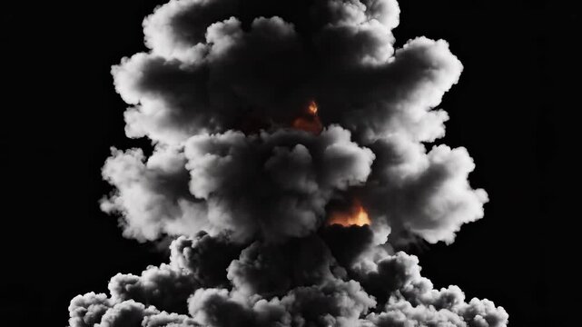 Nuclear explosion escalating with fiery core and expanding smoke clouds during dark night