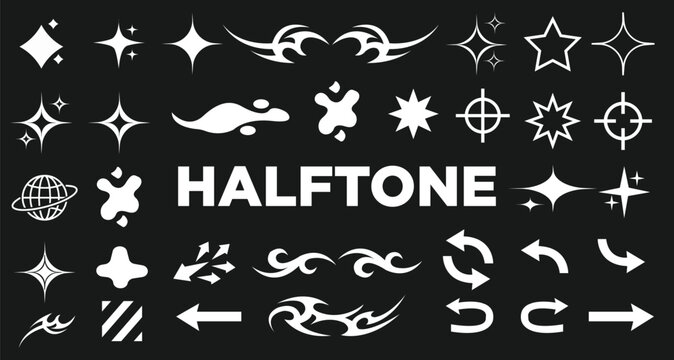 Graphic vector element set featuring various shiny sparkles abstract tribal flourishes and directional arrows rendered in bold white on a dark background for modern design projects.