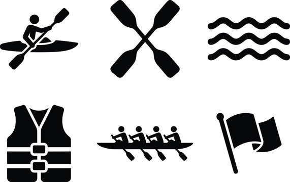 Set of black icons for rowing and kayaking featuring a person in a kayak, crossed oars, water waves, a life vest, a rowing team, and a flag