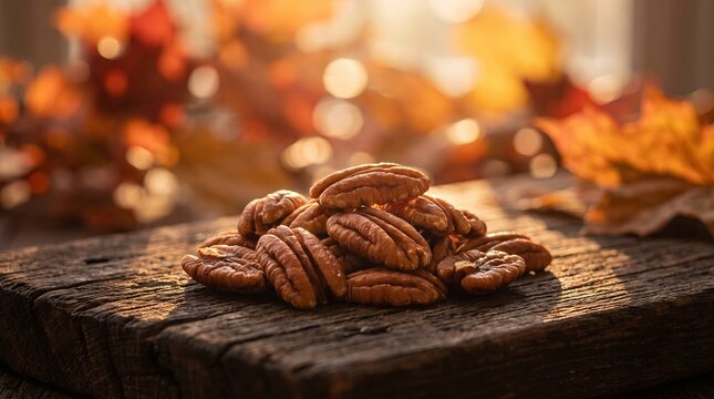 Pecan nuts piled on rustic weathered wooden board with blurred golden autumn leaves in warm soft sunlight background setting