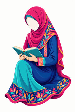 Muslim woman wearing pink hijab and blue dress reading book vector illustration