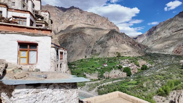 Zanskar, India : Panoramic footage of beautiful landscape of Lungnak valley where Phuktal gompa, cliffside monastery built in natural cave of Zanskar in Ladakh, India surrounded by dramatic himalayas 
