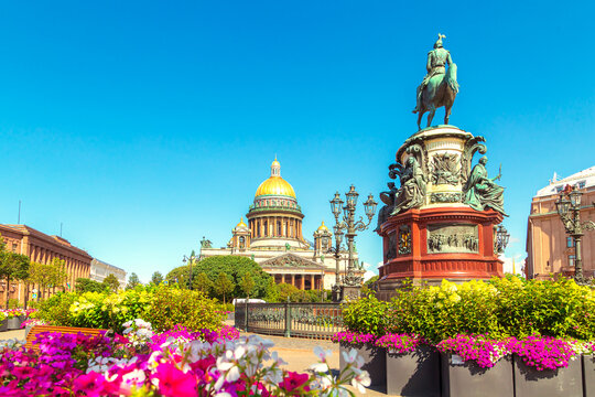 The monument to Nicholas I on St. Isaac's Square and St. Isaac's Cathedral. Sunny summer day.
