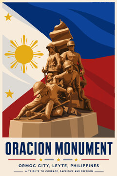 Oracion Monument Ormoc City Leyte Philippines Travel Poster Vector Soldiers Flag
