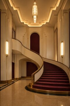 Art deco cinema lobby with stepped geometric plasterwork