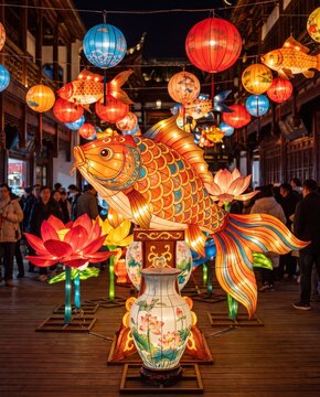 Chinese lantern festival with colorful illuminated fish and lotus decorations in traditional cultural street