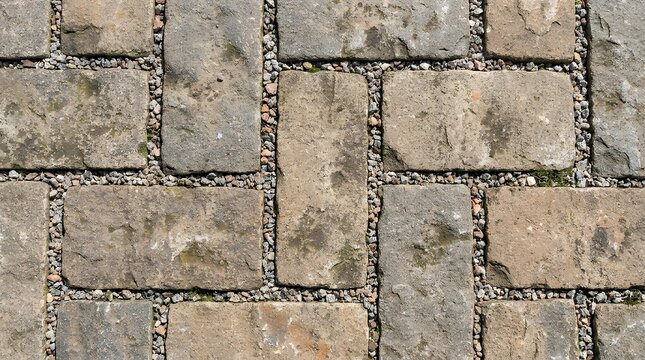 Overhead View of Rectangular Stone Brick Pavers with Gravel Fill for Patio and Walkway Designs  top-down perspective interlocking purple-toned rectangular stone blocks small gray gravel filler