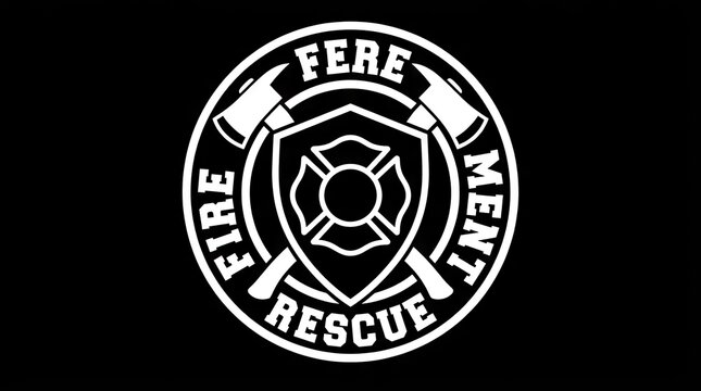 Fire rescue emblem with axes and shield on black background