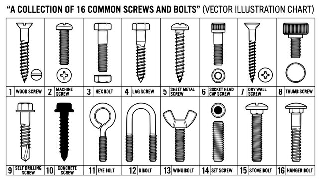 Screw and bolt set with various types featuring wood screw, machine screw, hex bolt, lag screw, sheet metal screw with socket head cap screw, dry wall screw and thumb screw