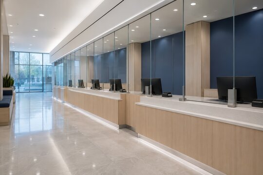 Empty bank branch interior with counters and glass screens